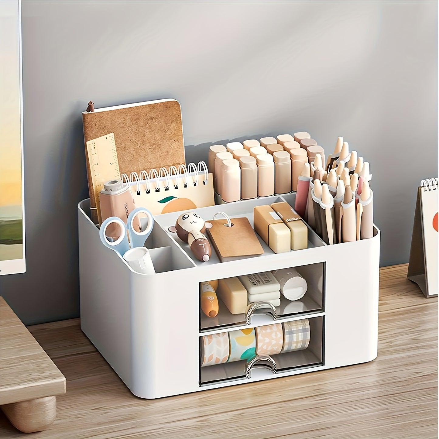 1pc Multi-Functional Plastic 5 Compartments Desk Organizer with 2 Drawers - Office Supply Caddy, Portable Desktop Storage for Stationery, Pens, Pencils, Art Supplies