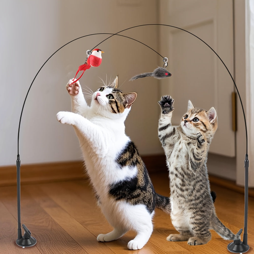 3pcs Cat Toy Stick Set with Simulated Bird and Mouse, Hands-Free Bird Cat Stick Long Pole Dual Rod with Bell Strong Suction Cup Interactive Cat Toy for Kittens Hunting Pet Supplies Accessories Handmade Toy Suitable as a Birthday Gift for Cats Faux Feather