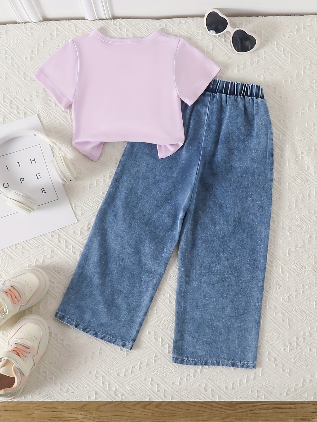 Girls' Pink Bow-Tie Denim Outfit - Short Sleeve T-Shirt & High-Waisted Pants with Adjustable Drawstring Waist, Soft Non-Stretch Fabric, Casual Spring Summer Fall Playwear, Denim Shorts for Girls, Spring Summer Clothing, Playful Design, Soft Fabric, Perfec