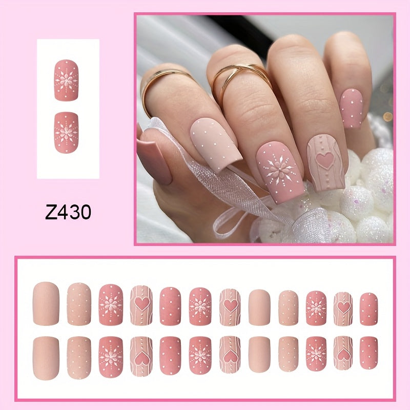 24pcs of Girlie Pink Sweet Heart-Shaped French Matte Textured False Nails Ready to Wear.
