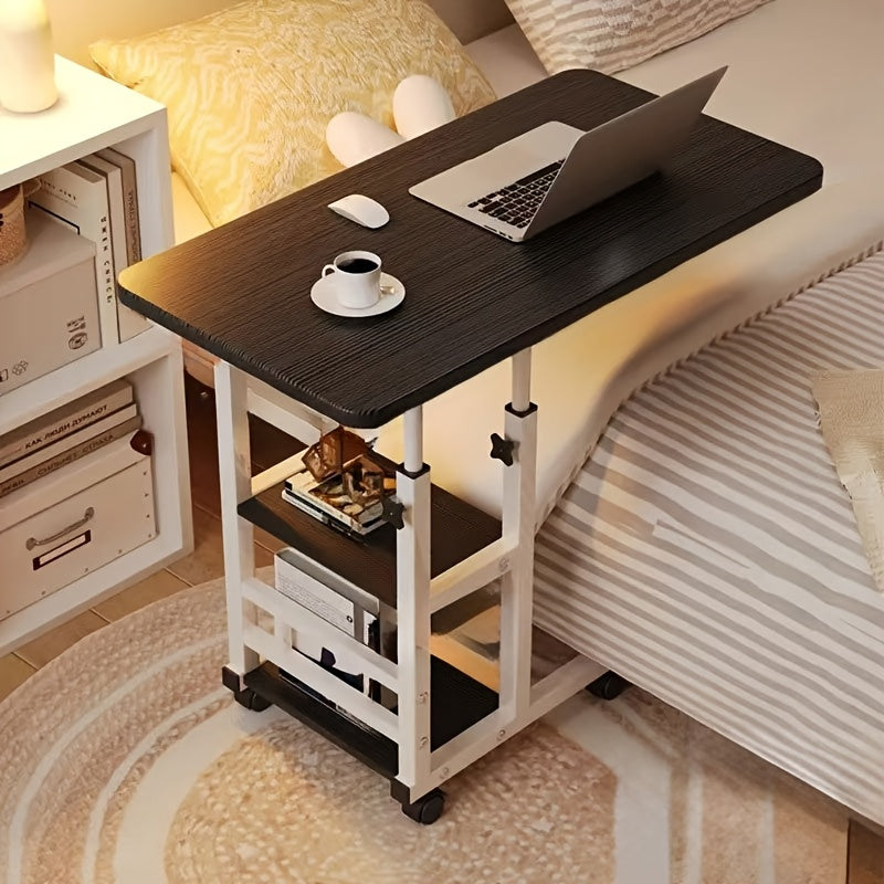 Under 3.2 Cubic Feet Closed Storage Adjustable Height Overbed Table, Wooden Mobile Desk with Storage Shelves, No Electricity Required, Weather-Independent, Less Than 27 Inches Tall, for Home, Bedroom, Dorm, Laptop Stand, Desk & Drawer Organizer
