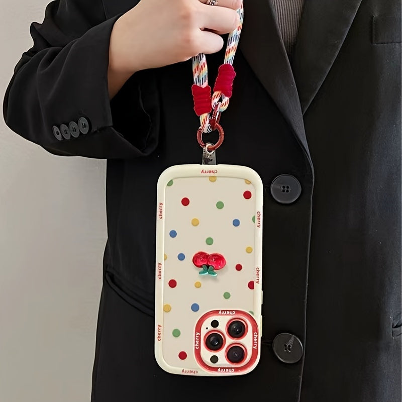 Cream shell painted cherry doll with colorful polka dot phone case with hanging rope for iPhone 11 12 13 14 15 16 promax