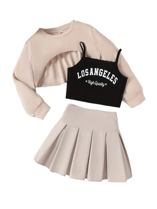 Girls' Spring/Autumn 3-Piece Outdoor Set, Long Sleeve Blouse, Los Angeles Print Cami Top And Pleated Skirt Set, Polyester Blend, Machine Washable