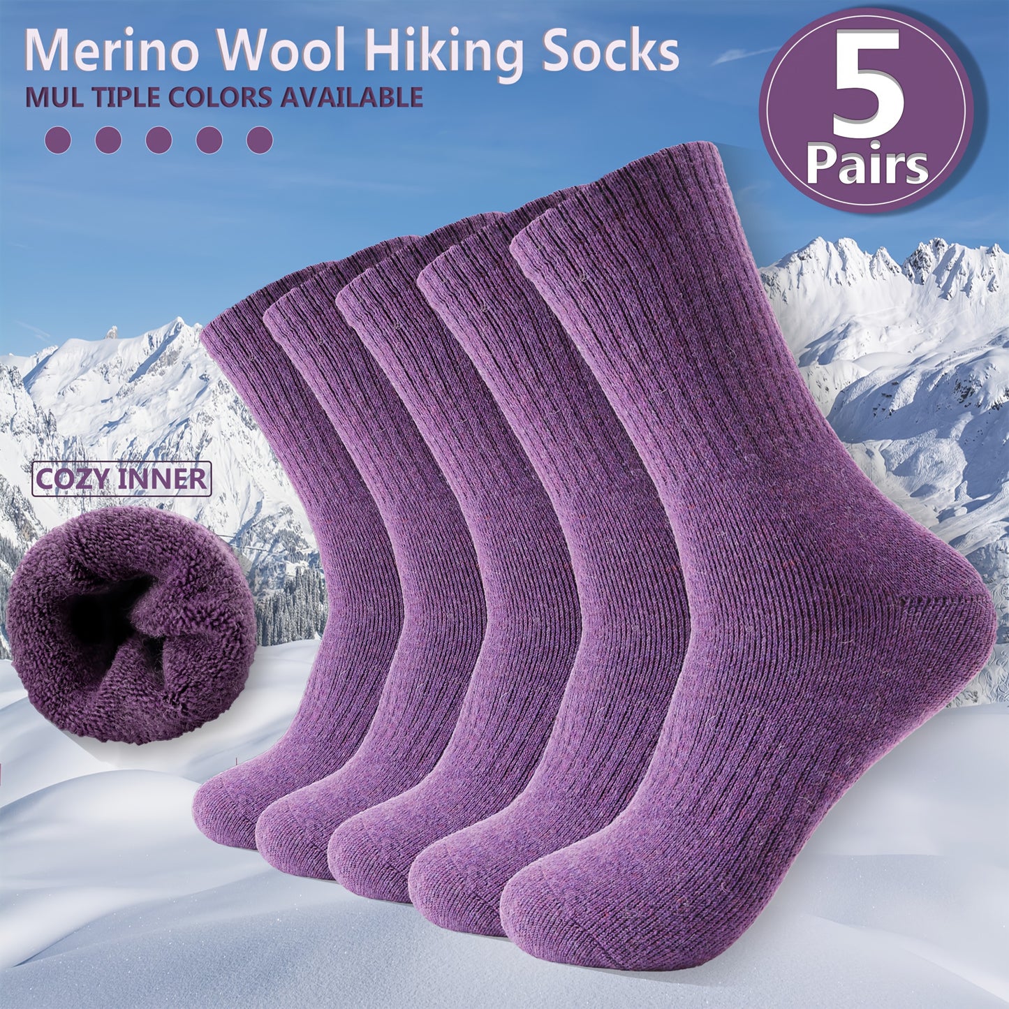 5 Pairs Merino Wool Hiking Socks, Thermal Warm Winter Thick Cushion Moisture Wicking Crew Boot Socks for Women, Perfect for Cold Weather, Winter Warm Essentials