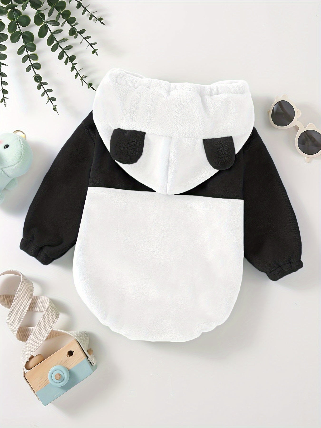 Baby's Cute Bear Character Themed Warm Fuzzy Hooded Long Sleeve Bodysuit, Toddler & Infant Girl's Onesie For Spring & Fall Outdoors