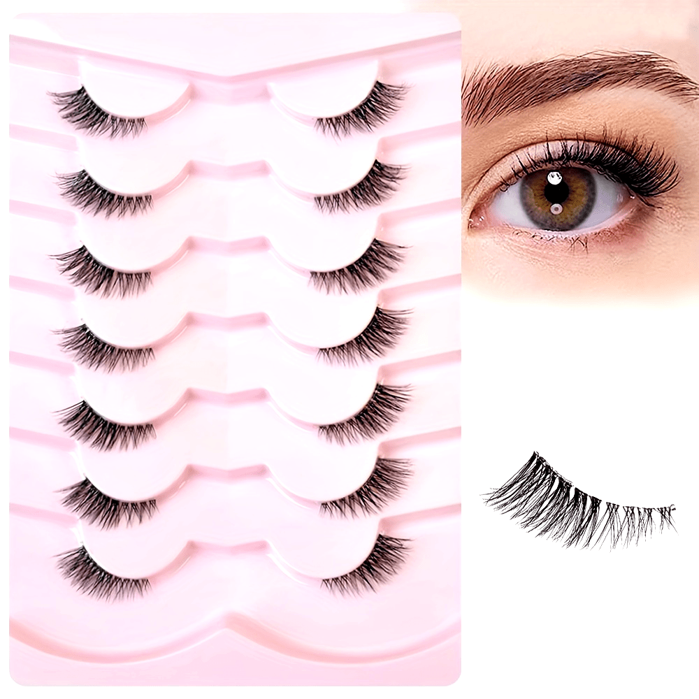 7 Pairs 10MM Short Soft Faux Mink Half Lashes with Clear Band, Natural Looking, Wispy Cat Eye, 3D Fluffy False Lashes Multipack