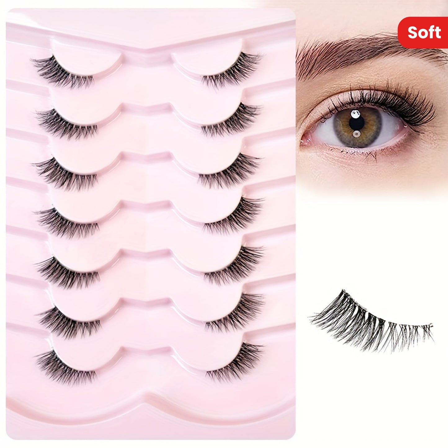 7 Pairs 10MM Short Soft Faux Mink Half Lashes with Clear Band, Natural Looking, Wispy Cat Eye, 3D Fluffy False Lashes Multipack