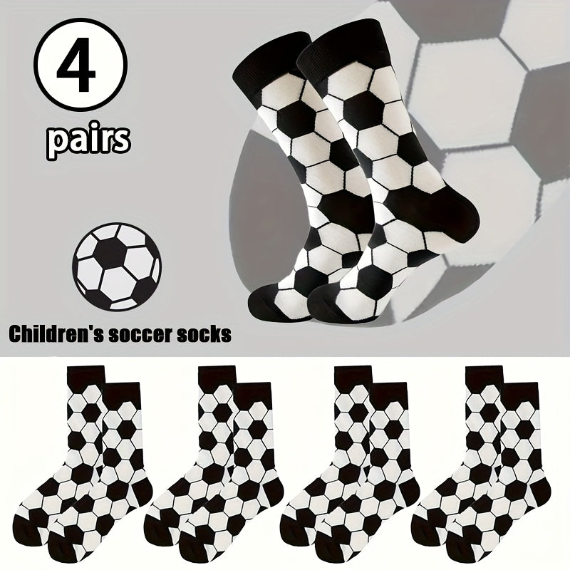 4 Pairs Kids Socks, Black and White Soccer Pattern, Polyester 80%, Elastane 20%, All-Season Knit Fabric, Mid-Calf Striped Plaid, Hand Washable, Trendy Sports Style for Boys and Girls