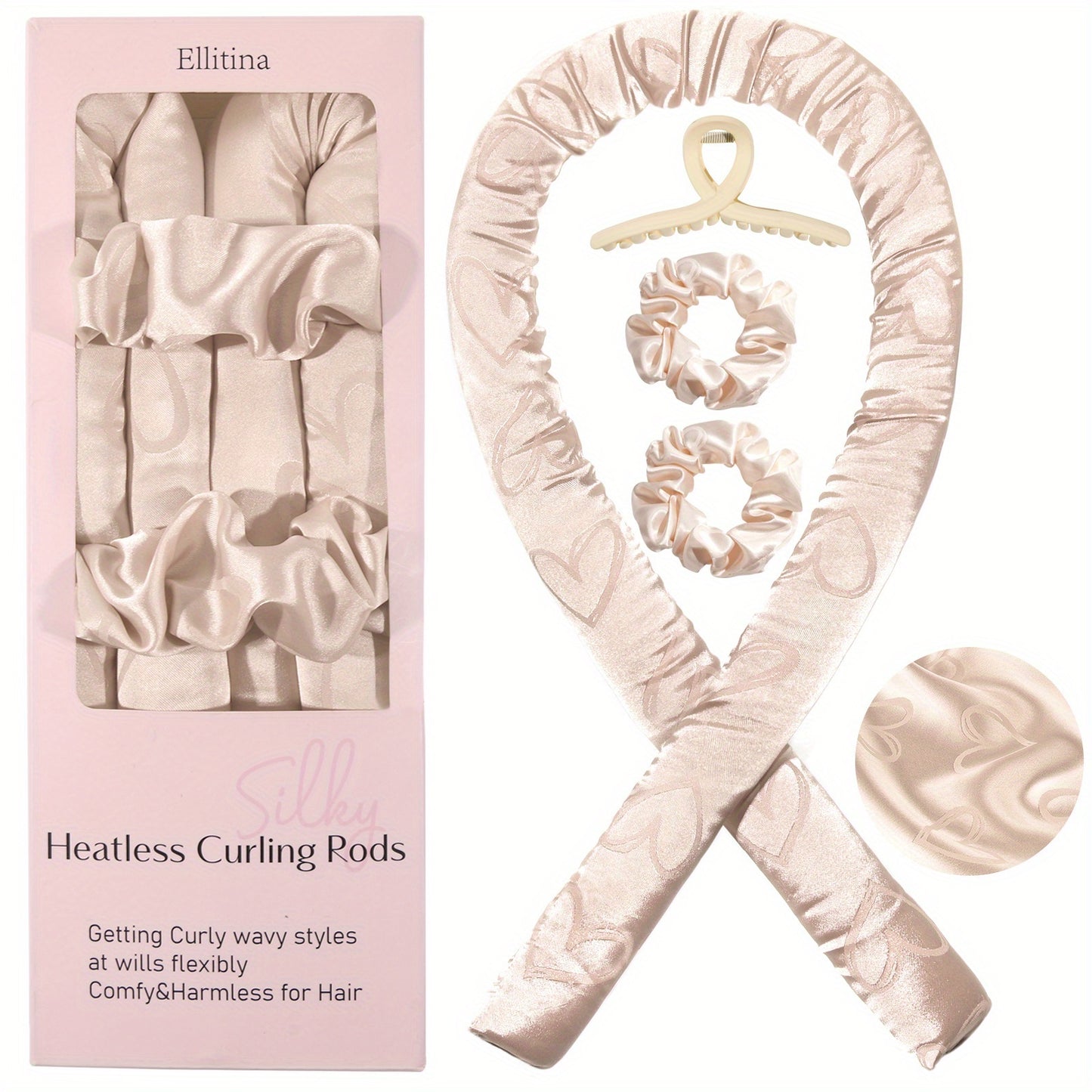 Ellitina 4pcs Spring-Summer Heatless Curling Set - No-Heat Overnight Waves & Satin Travel Kit | Sleep-Soft Adjustable Rod & Headbands (Leopard/Hearts) | DIY Vacation Curls Anywhere | Luxury Mother's Day gift
