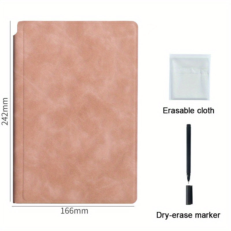 A5 Reusable Whiteboard Notebook with Faux Leather Cover - Portable Weekly Planner, Math Formulae & Illustrations Erase Cleanly, Includes Pen & Cloth, Ideal for Office & School, Notebooks for School