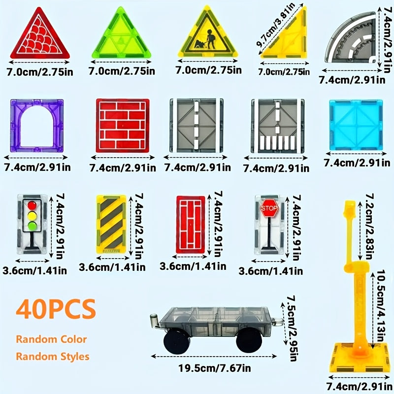 Magnetic Tiles Road Set with Magnet Crane Car Toys, Magnetic Building Blocks STEM Toys Creativity And Learning Construction Toys for Kids Age 3-6 Birthday Christmas Gifts (Random Color)