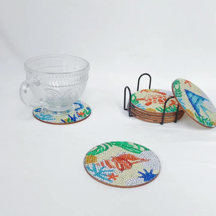 8pcs/set Diamond Painting Kit - DIY White Undersea World Coasters with 10x10cm/3.94x3.94inch Size, Holder, Washable, for Beginners, Adults & Art Craft Supplies