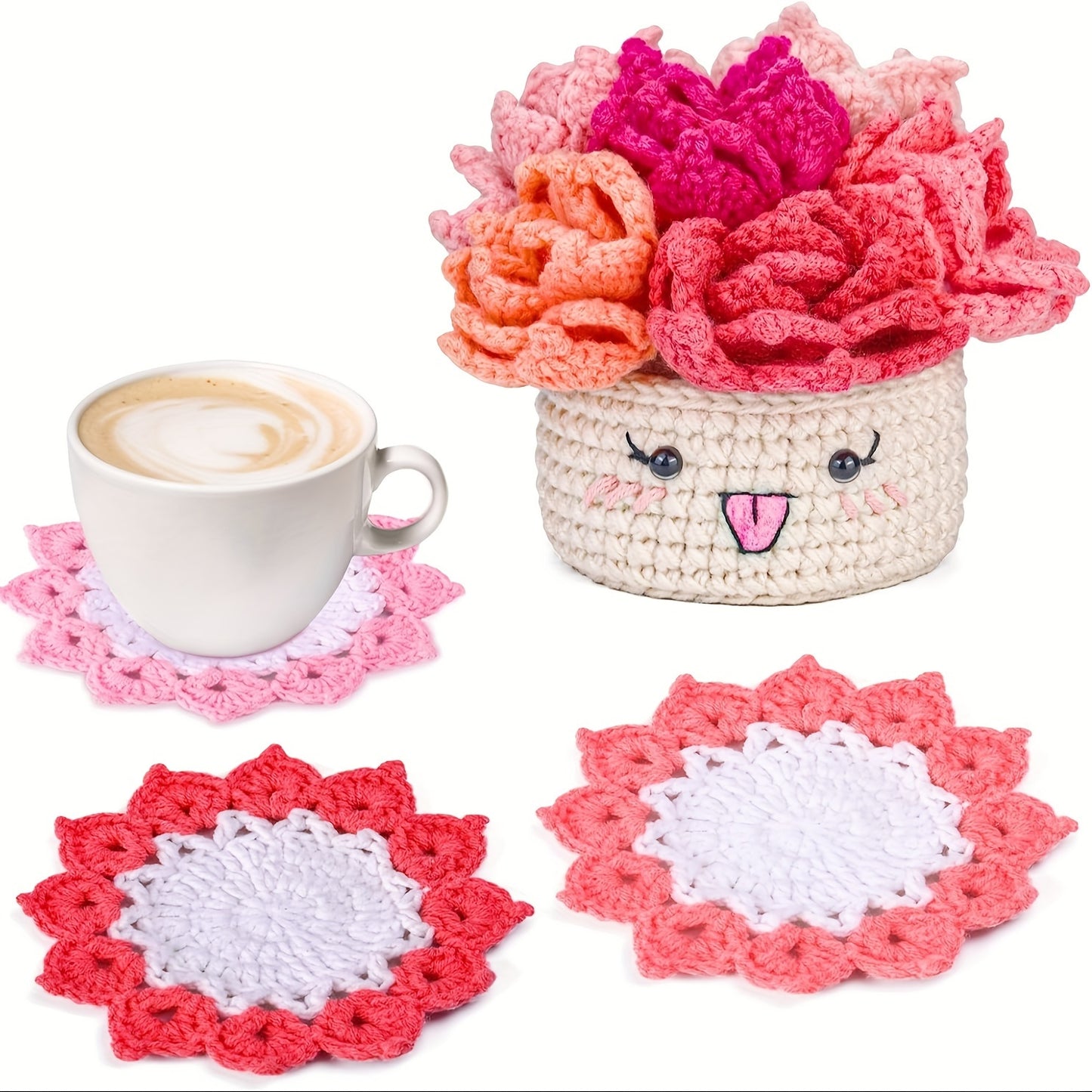 Crochet Set for Making Coasters Shaped Like Potted Plants, Complete with Video Guides And Crochet Hooks for Grown-Ups.