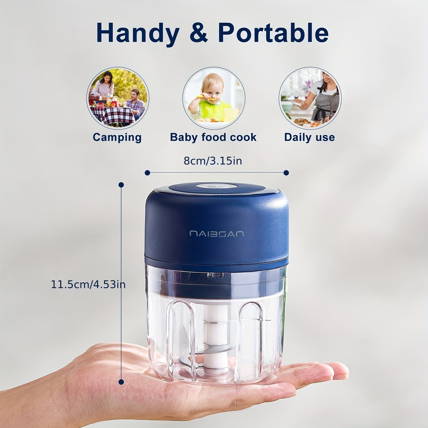 Naibsan Electric Food Shredder, Mini Meat Grinder, Garlic Puree Maker, USB Charging, 5000rpm, 251ml Capacity, Portable Kitchen Gadget for Minced Meat, Vegetable, Onion, Ginger, Chili, Rechargeable Lithium Battery