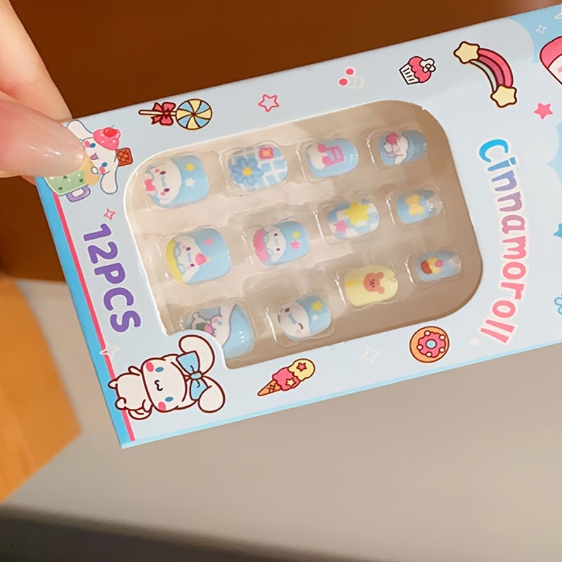 A Set of 6 Boxes Containing for hello kitty, Kurumi, Melody, for Cinnamoroll, for Pompompurin, And Pudding Dog Press-On Nail Kits, Featuring Full Coverage Short Square And Oval Fake Nail Tips, Totaling 72pcs (12pcs Per Box). Designed for Girls, with Vibra