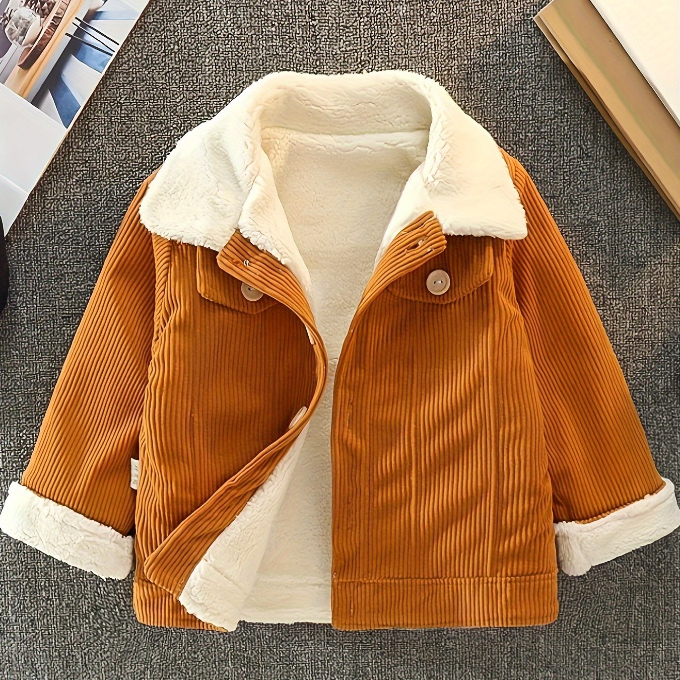 Boys Corduroy Fleece Jacket, Thick Button Front Coat, Boy's Clothes For Spring Fall Outdoor