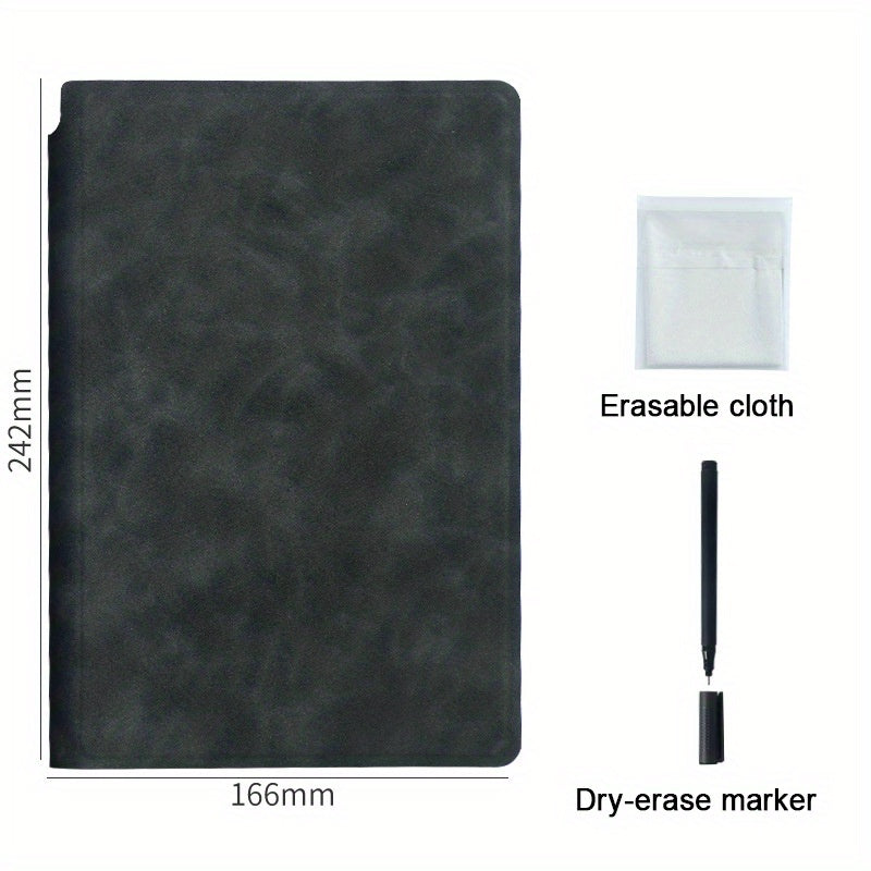 A5 Reusable Whiteboard Notebook with Faux Leather Cover - Portable Weekly Planner, Math Formulae & Illustrations Erase Cleanly, Includes Pen & Cloth, Ideal for Office & School, Notebooks for School