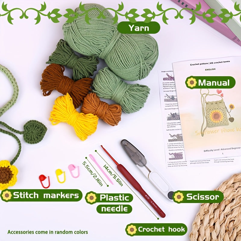 Beginner Crochet Kit - Phone Bag with Video Tutorials, Yarns, Hooks & Accessories for Adult Knitting Craft DIY, Random Colors, Pniene