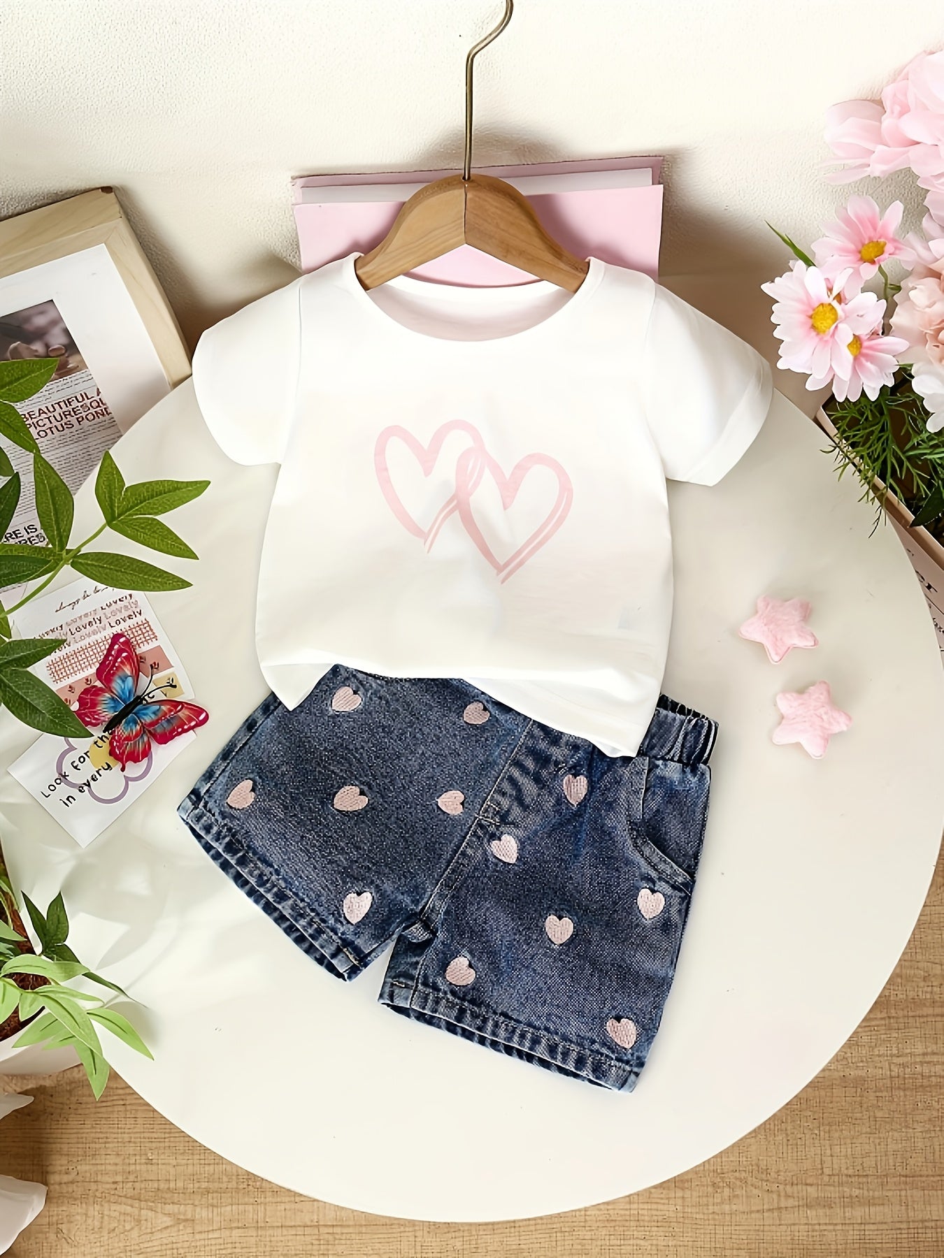 2pcs Girls' Shorts with Love Embroidery Set, Perfect for Outdoor