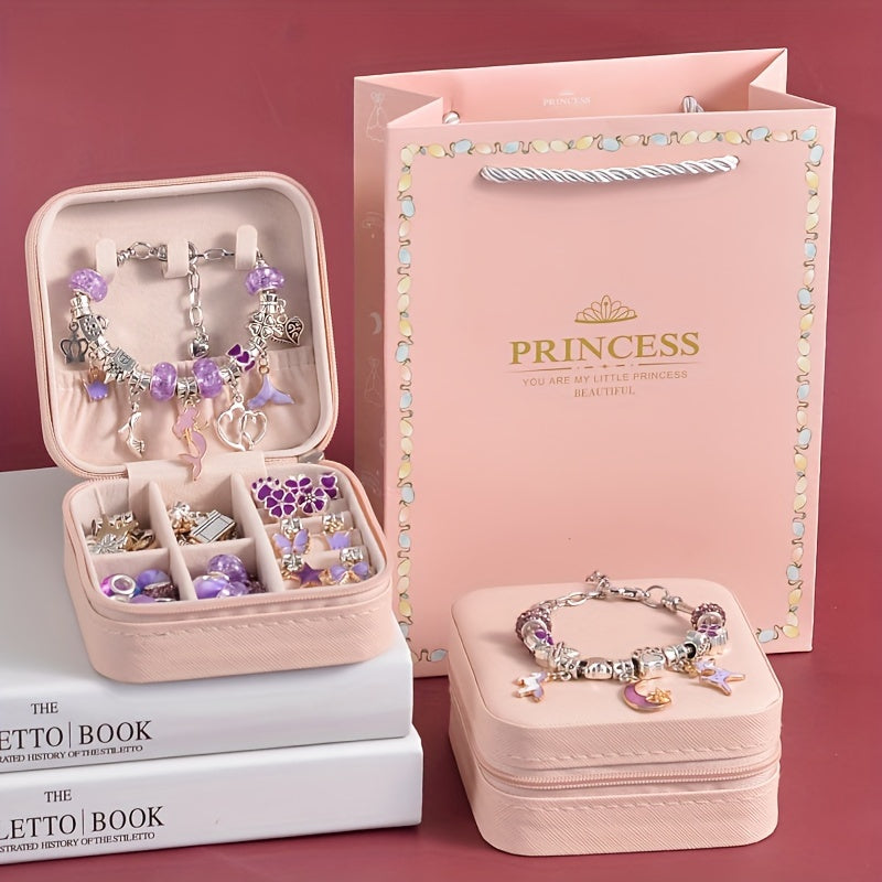 Charm bracelet making kits for girls DIY beads jewelry for gilrs crafts DIY bracelet with pink Faux Leather gift box