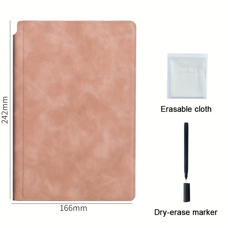 A5 Reusable Whiteboard Notebook with Faux Leather Cover - Portable Weekly Planner, Math Formulae & Illustrations Erase Cleanly, Includes Pen & Cloth, Ideal for Office & School, Notebooks for School