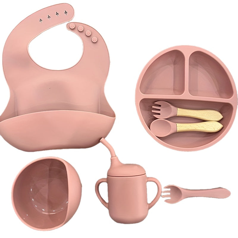 WHZWYK Silicone Baby Feeding Set - Microwave & Oven Safe - For 0-3 Years - Includes Suction Plate, Soft Bowl, Spoons, Forks, Adjustable Bib, Snack Cup - Self-Feeding Supplies