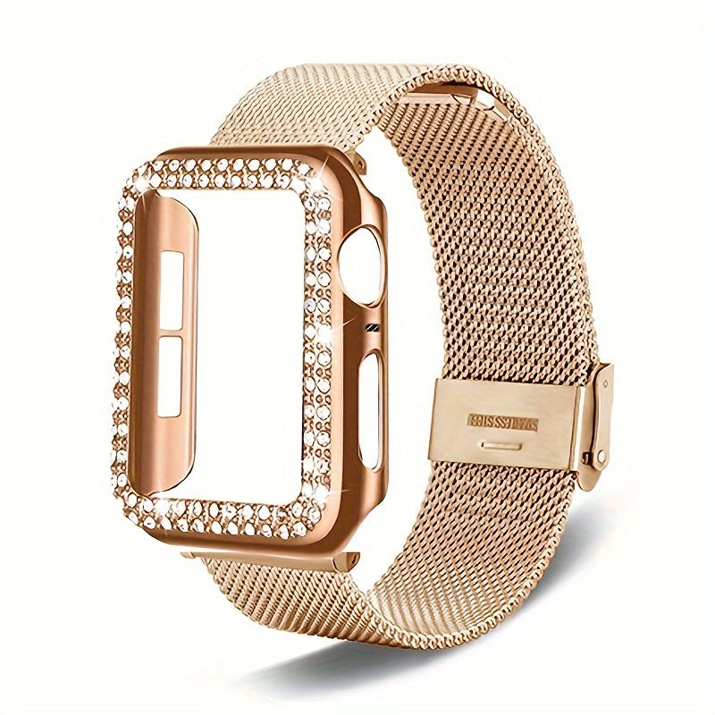 Dial Milan + Diamond Shell Golden Black Rose Golden Breathable Stainless Steel Braided Mesh Metal Strap Adjustable Suitable for iWatch series se s9 8 7 6 5 4 3 2 1 Series 2pcs Combination High-end Luxury Anti-collision Anti-scratch PC Hard Material Inlaid