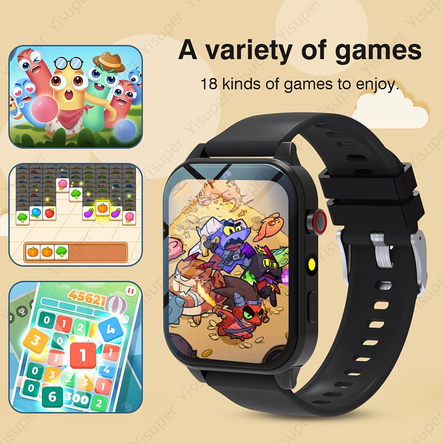 Kids Smart Game Watch with Camera, Photo Album, VCR, 18 Built-In Games, Calculator, Calendar, LED Lights - Black Silicone Strap, Rechargeable Lithium Battery, Perfect Holiday Gift for Children, Holiday Gift Idea|Playful Design|Durable Watchband, Kids' Acc