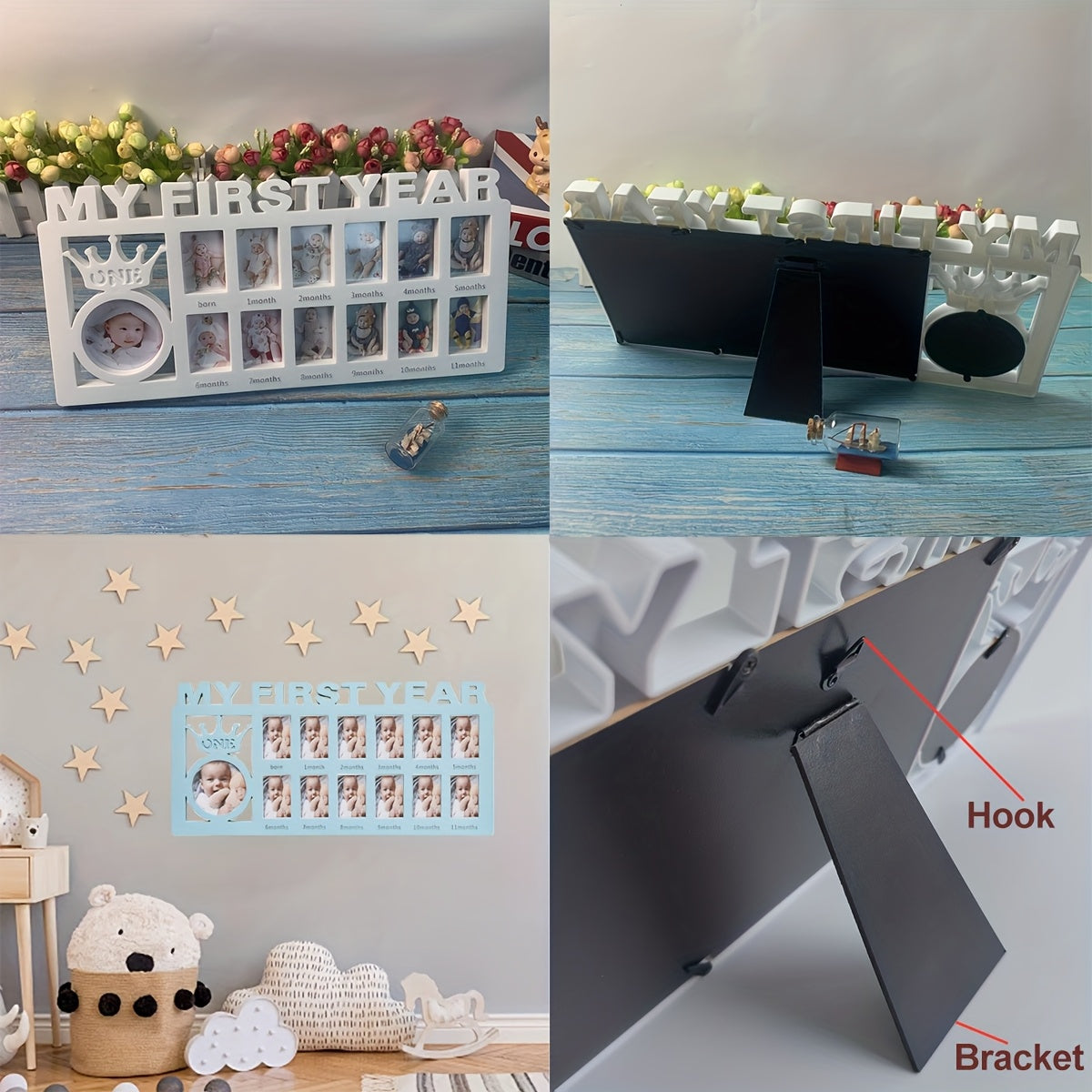 A Combination Photo Frame to Document The Growth of Your Baby, Capturing Every Beautiful And Adorable Moment. It Can Hold One Main Picture And Twelve Monthly Photos, Suitable for Placing on a Desk, Vanity, Bedside Table, Or Hanging on The Wall.