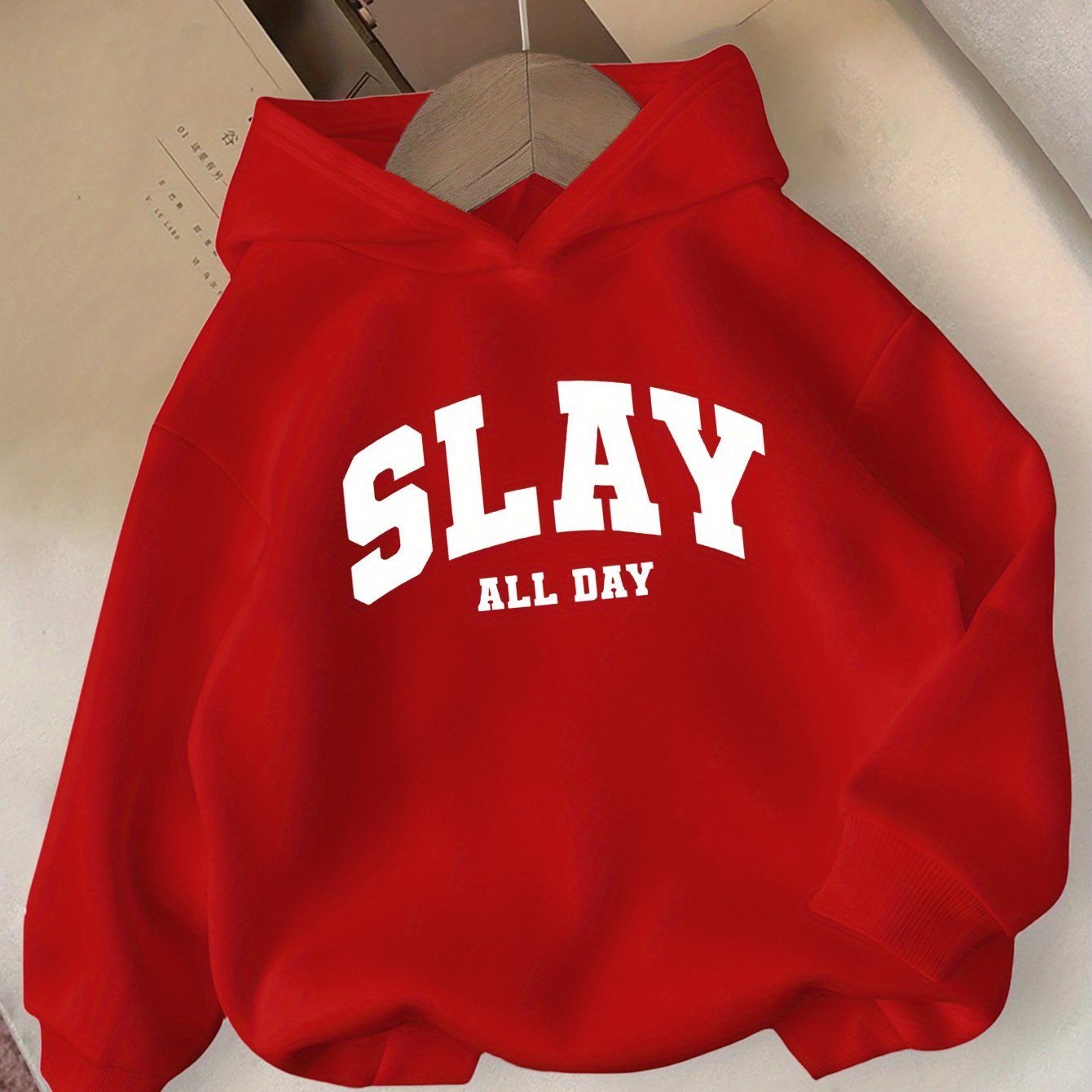 Girls' Pink "SLAY ALL DAY" Hooded Sweatshirt - Casual Long Sleeve Winter Pullover with Bold White Lettering, Regular Fit for Autumn & Winter, Winter Clothes for Girls, Comfortable Fit