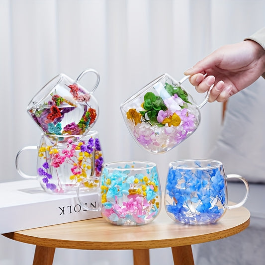 1-Pack 300ml Double-Wall Insulated Glass Mug with Built-In Floral Design - Heat & Cold Retention, Ergonomic Handle, Vibrant Colors for Coffee, Tea, Cocktails - Hand Wash Only, Beverage Insulation | Decorative Drinkware | Durable Glassware, Coffee Bar Acce