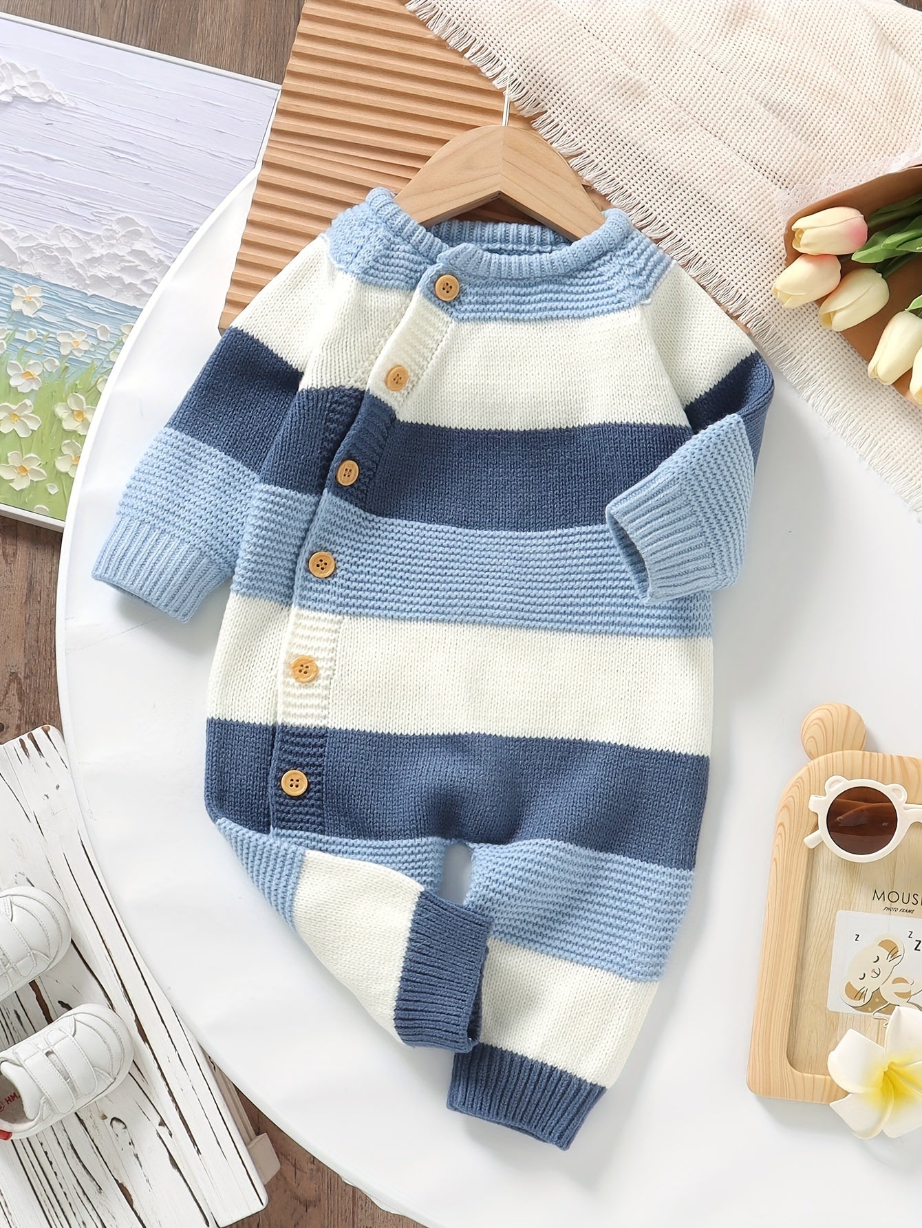 DOVFANNY Baby Boys' Striped Long-Sleeve Romper - Soft Acrylic Knit Jumpsuit with Button Front, Gray & Pink Horizontal Stripes, Perfect for Fall/Winter, Baby Boy Clothes, Fall Winter Apparel, Cozy Infantwear, Playful Infantwear, Durable Infantwear