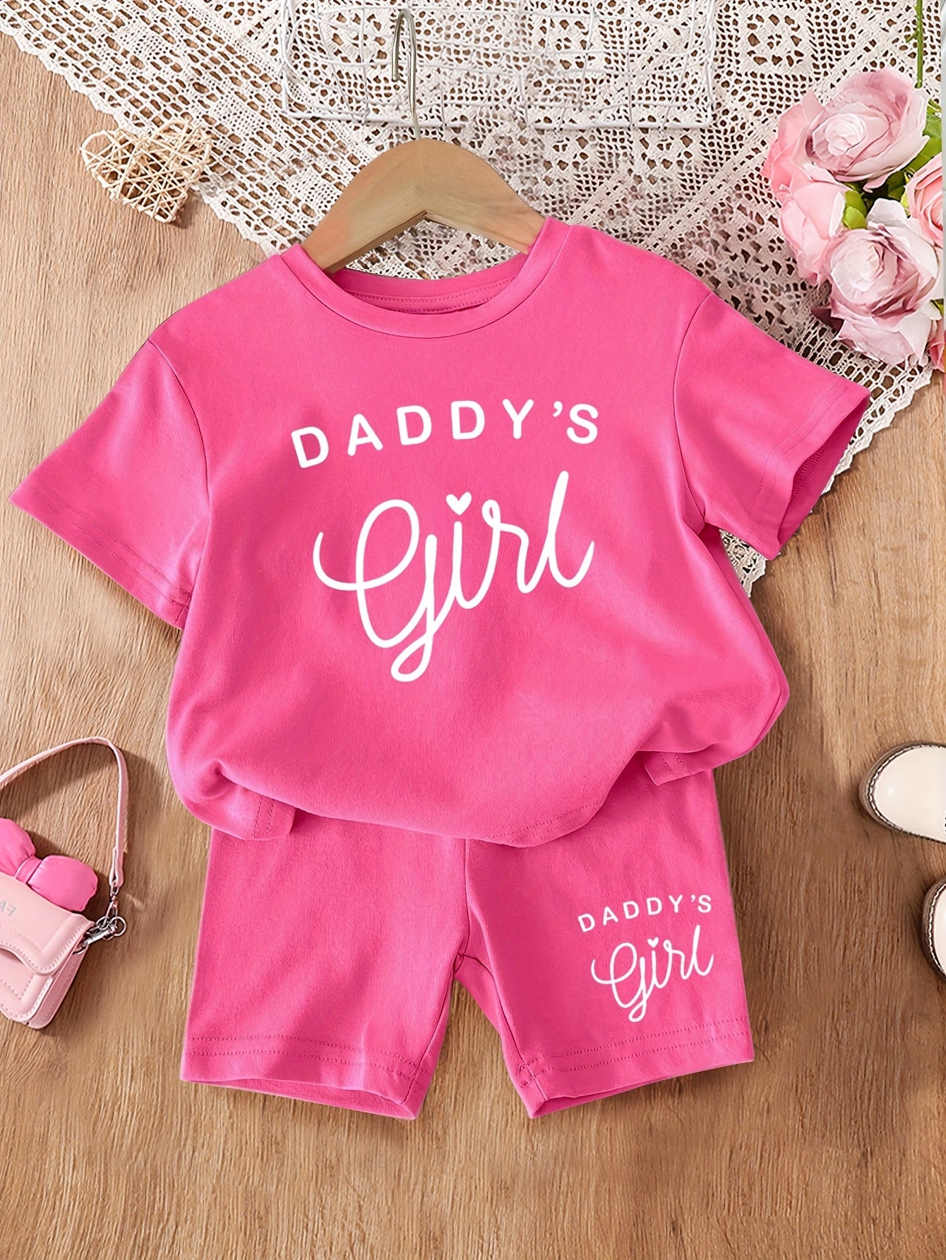 Girls Summer Outfit, "Daddy'S Girl" Letter Print Knit Top and Shorts Set, Soft Comfortable Casual Polyester 95% with 5% Elastane, Slight Stretch, Round Neck, Short Sleeve - Fashion Clothing, for Outdoor
