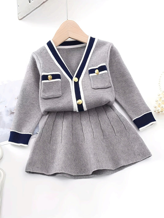 Girls Preppy Style Cardigan And Skirt Set - V-Neck Long Sleeve Top with Button Front & Pockets, Elastic Waistband, Ribbed Texture, Solid Color, Perfect for Fall, Casual Attire | Preppy Clothing | Construction, Clothes for Youngster
