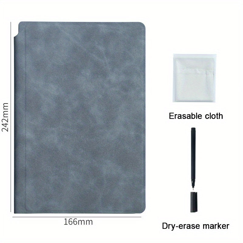 A5 Reusable Whiteboard Notebook with Faux Leather Cover - Portable Weekly Planner, Math Formulae & Illustrations Erase Cleanly, Includes Pen & Cloth, Ideal for Office & School, Notebooks for School