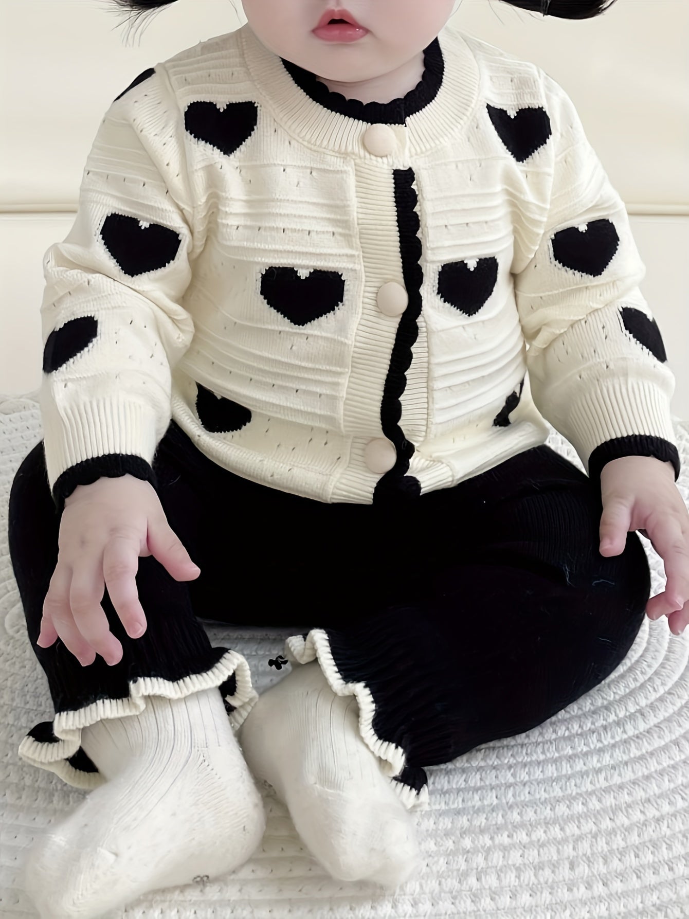 Newborn Baby Clothes Spring/Autumn Set for Girls with Heart Open Cardigan and Hollow Out Sweater Jacket Knit Pants Two-Piece Suit, Perfect for Outdoor