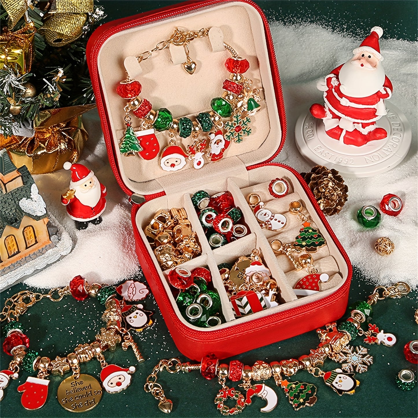 DIY Christmas Gift Set for Women: Elegant Red Green Series Christams Charm Bracelet Making Kit with Beads Jewelry