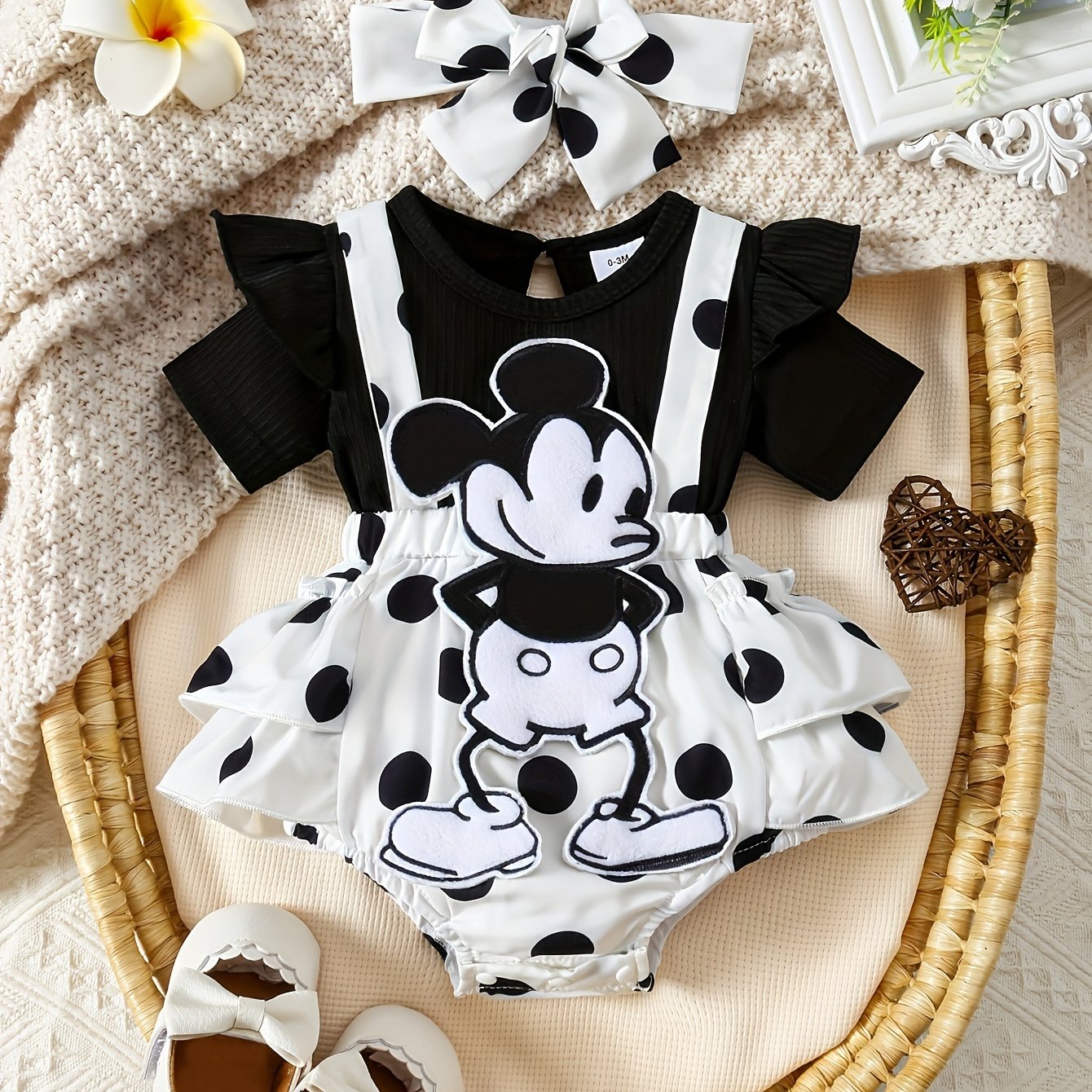 Baby's Cute Mouse Patchwork Faux Two-piece Bodysuit, Casual Short Sleeve Layered Romper Dress, Toddler & Infant Girl's Onesie For Summer