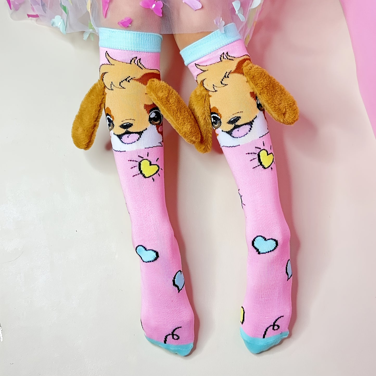 1 Pair Cute Cartoon Dog Ear Knee Socks for Girls - Soft Polyester & Spandex Blend, All-Season Comfort, Perfect Gift for Family & Friends, Decorative School & Party Socks, Dog Socks