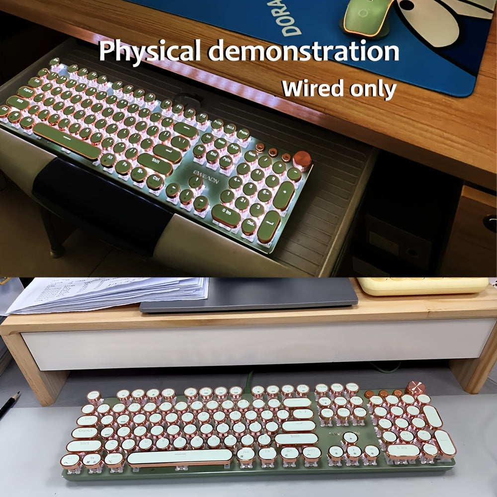 EWEADN Punk Typewriter Mechanical Gaming Keyboard, All-Metal Panel 104Keys Wired Retro Punk Round Keycaps with LED Backlit USB Wired Keyboards, Multimedia knob, Ergonomic Design for Game and Office, for Windows Laptop PC Green Peripherals