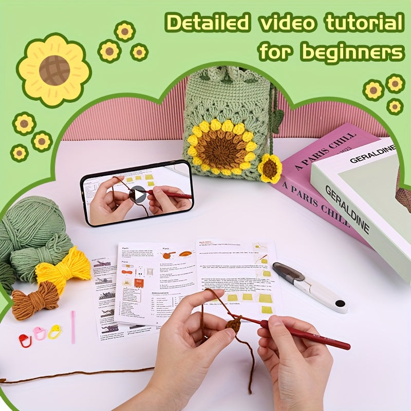 Beginner Crochet Kit - Phone Bag with Video Tutorials, Yarns, Hooks & Accessories for Adult Knitting Craft DIY, Random Colors, Pniene