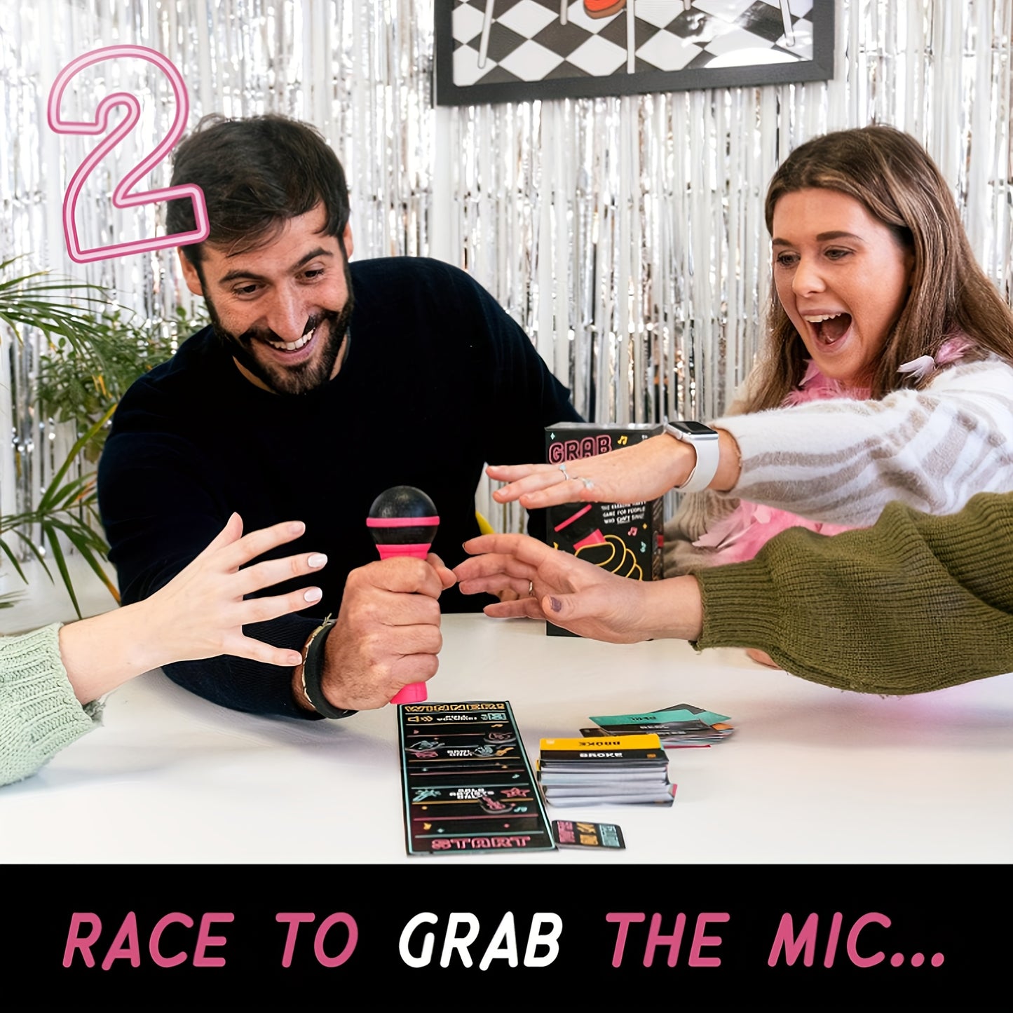 Grab the Mic - The Karaoke Party Game for 2-10 Players, 250 Lyric Cards, Pink & Black Microphone Design, Ideal for Family Game Nights & Birthday Parties, Family Entertainment|Playful Design|Fun Game Night, Karaoke Party Supplies