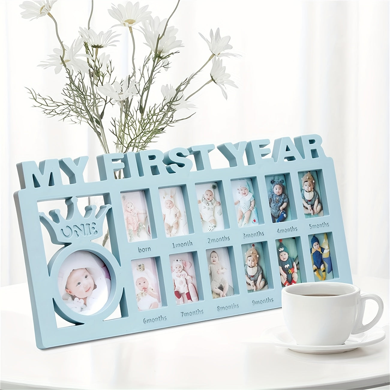 A Combination Photo Frame to Document The Growth of Your Baby, Capturing Every Beautiful And Adorable Moment. It Can Hold One Main Picture And Twelve Monthly Photos, Suitable for Placing on a Desk, Vanity, Bedside Table, Or Hanging on The Wall.