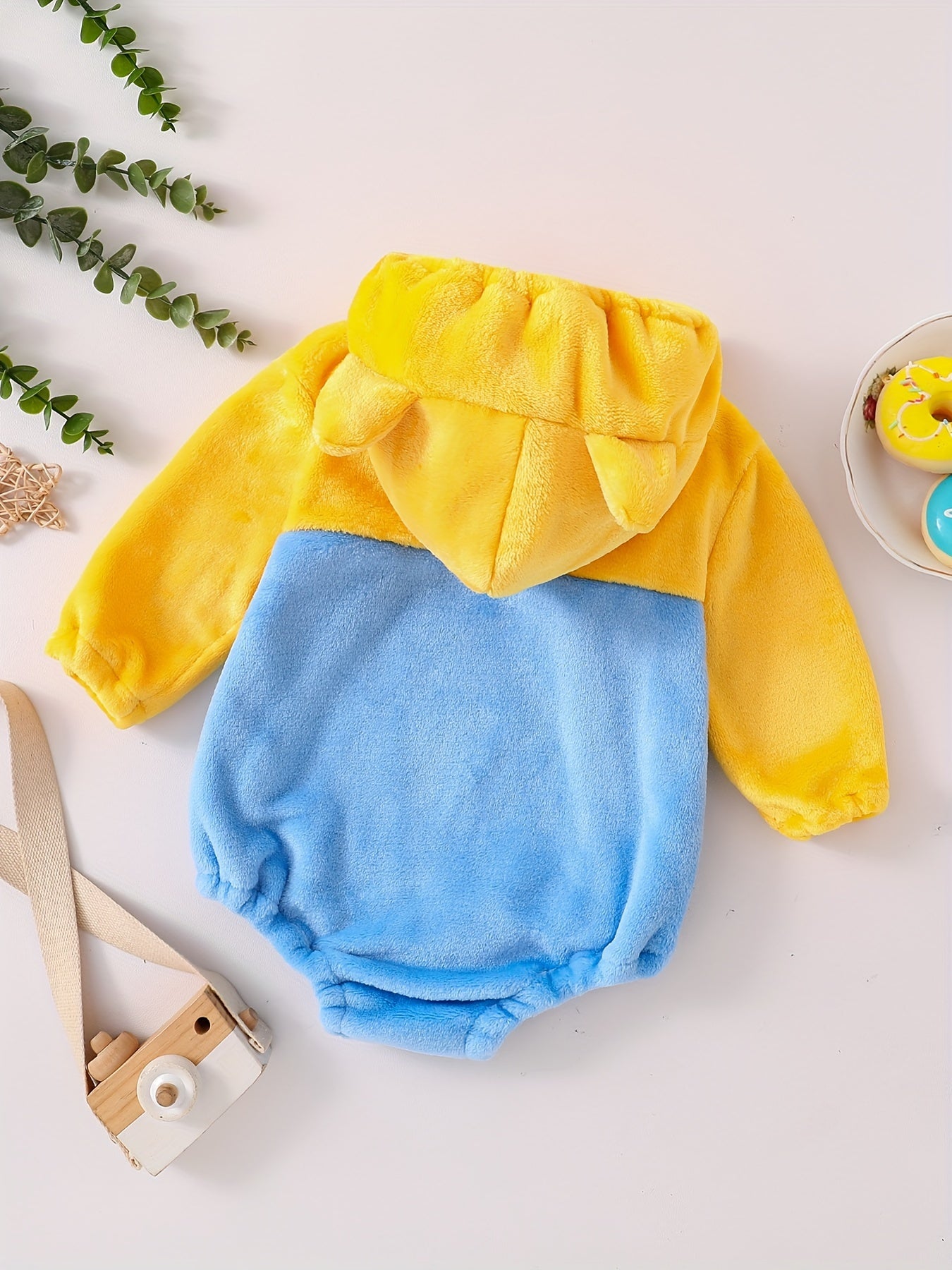 Baby's Cute Bear Character Themed Warm Fuzzy Hooded Long Sleeve Bodysuit, Toddler & Infant Girl's Onesie For Spring & Fall Outdoors