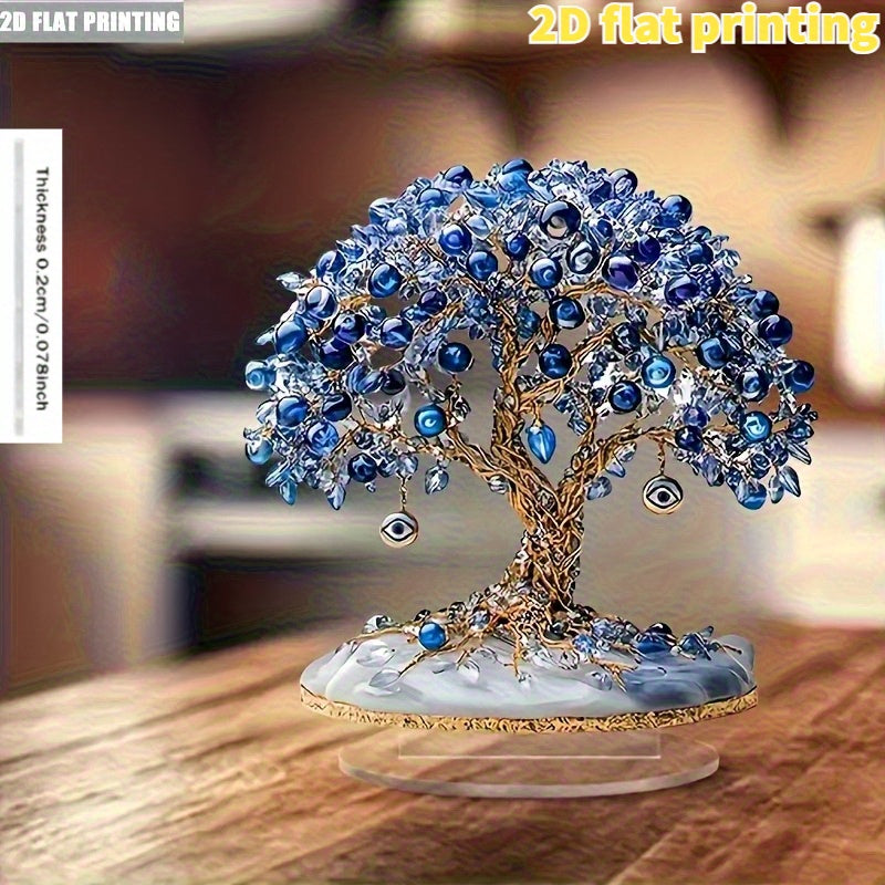 2D Flat, Elegant Turkish Evil Eye Tree Acrylic Desktop Decoration - Blue and Clear Beads, Golden Leaves, Eye Charm Design, No Electricity Required, Suitable for Home, Party, Window Display & Gift Giving, 2D Flat