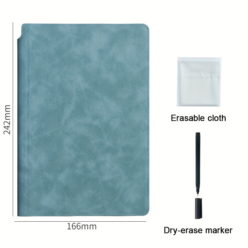 A5 Reusable Whiteboard Notebook with Faux Leather Cover - Portable Weekly Planner, Math Formulae & Illustrations Erase Cleanly, Includes Pen & Cloth, Ideal for Office & School, Notebooks for School