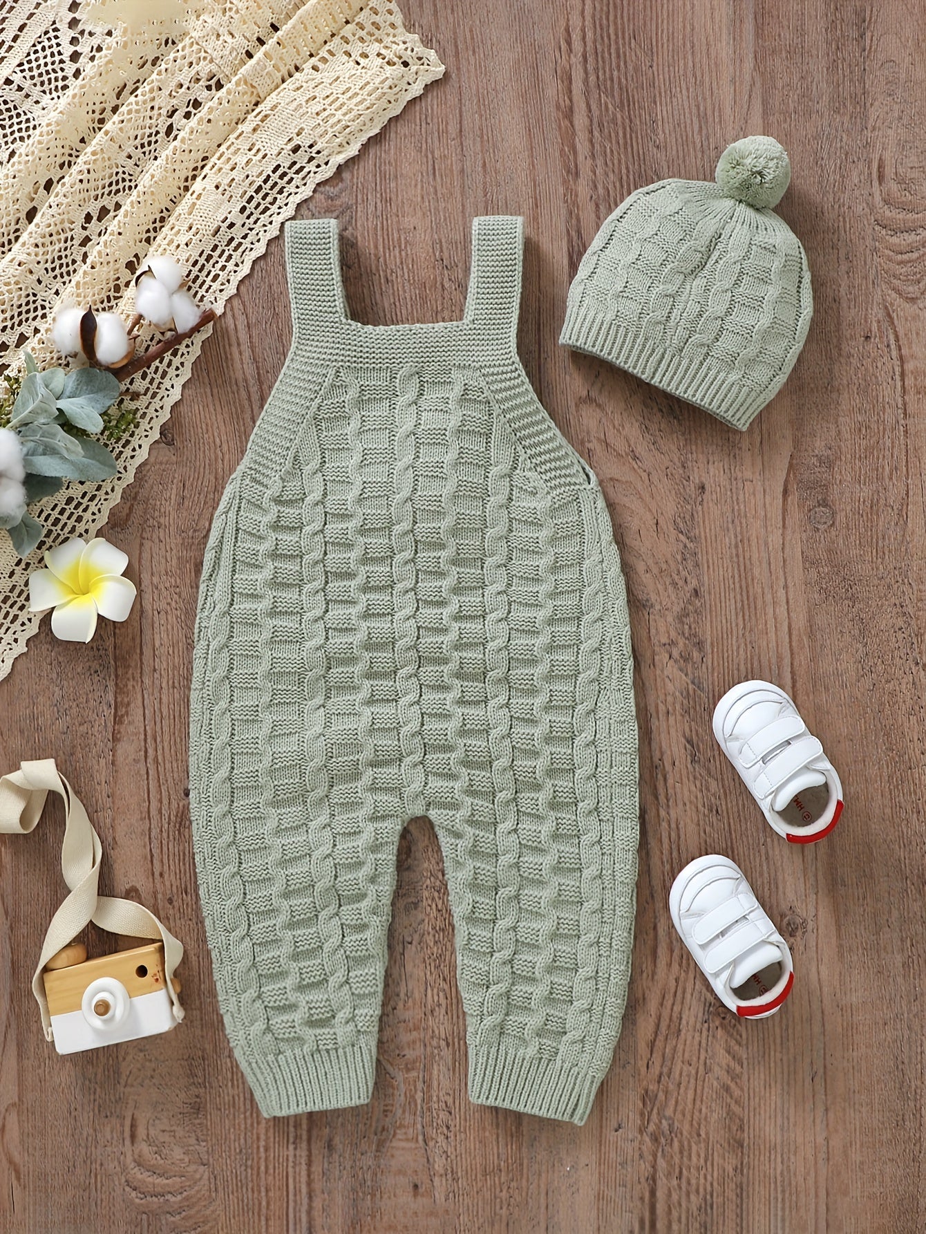 DOVFANNY 2pcs Baby Outfit Set, Acrylic Knit Crew Neck Jumpsuit with Leggings and Matching Hat, Casual Solid Color, Slight Stretch, Sleeveless, Regular Fit for Fall/Winter, for Outdoor