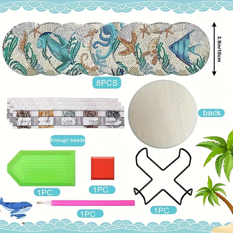 8pcs/set Diamond Painting Kit - DIY White Undersea World Coasters with 10x10cm/3.94x3.94inch Size, Holder, Washable, for Beginners, Adults & Art Craft Supplies