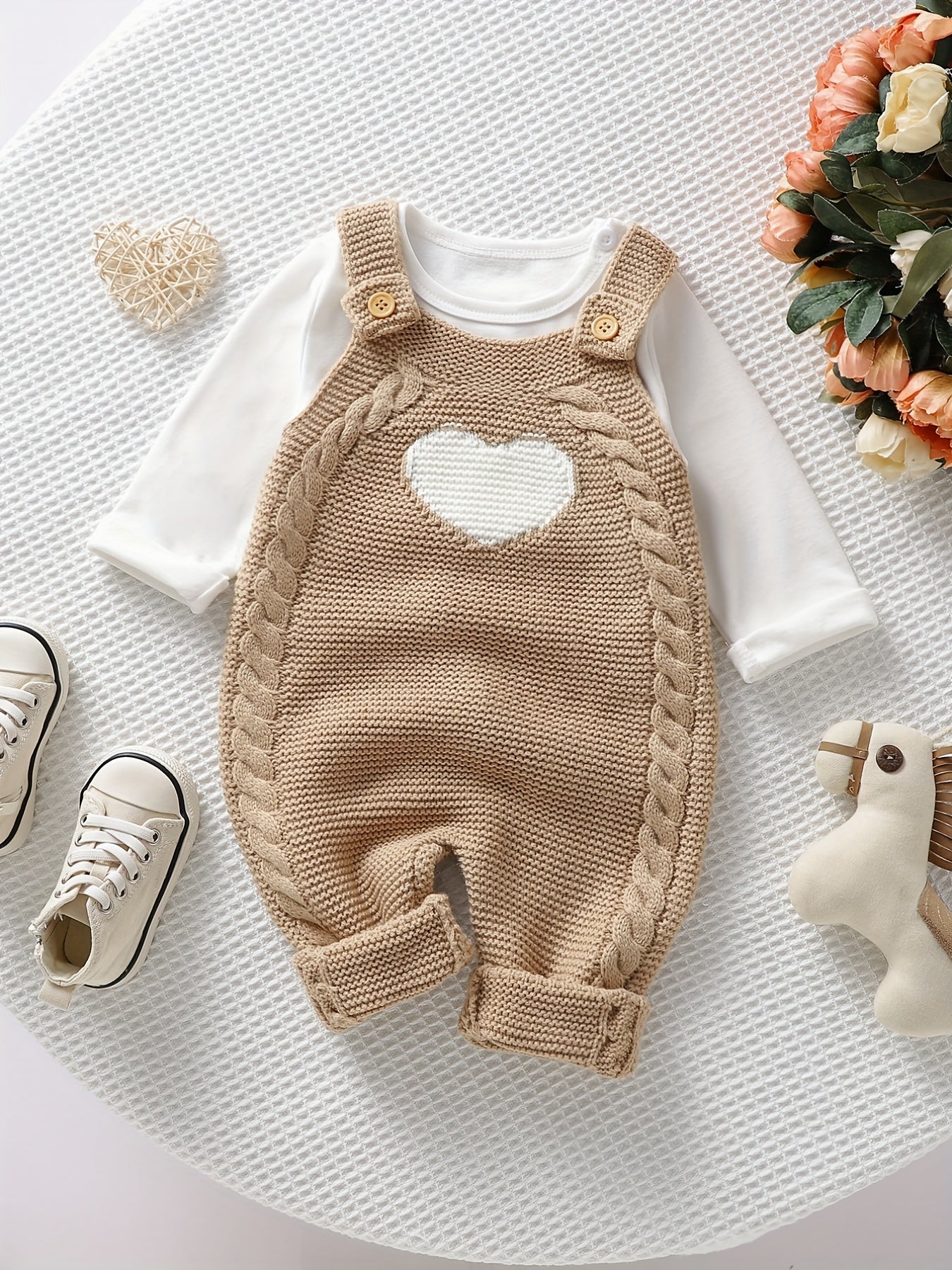 Unisex Bodysuit with Heart Jacquard Detail - Soft 100% Acrylic Square Neck Winter Outfit, Elastic Crotch & Snap Closure, Light Green Adorable Clothing for &, Perfect for Outdoor