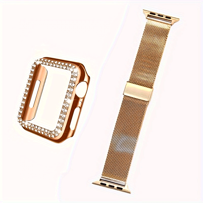 Dial Milan + Diamond Shell Golden Black Rose Golden Breathable Stainless Steel Braided Mesh Metal Strap Adjustable Suitable for iWatch series se s9 8 7 6 5 4 3 2 1 Series 2pcs Combination High-end Luxury Anti-collision Anti-scratch PC Hard Material Inlaid